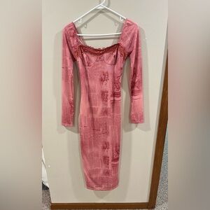 Newspaper Print Mesh Lace-Up Midi Dress